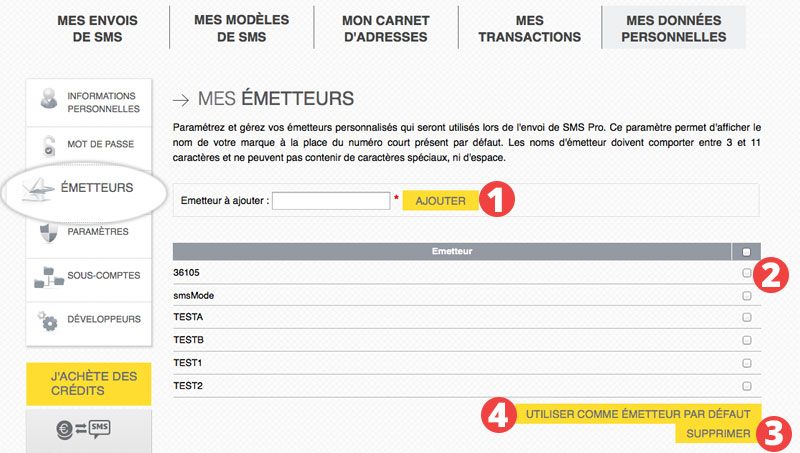 interface de gestion interfarce de gestion des émetteurs personnalisés