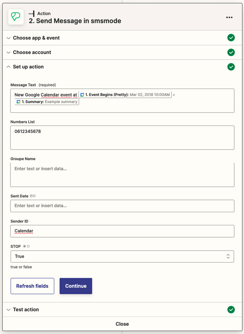 Configuración del contenido del mensaje de texto